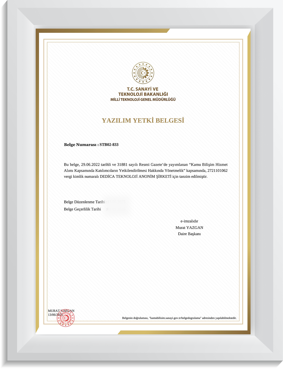 Yazılım Yetki Belgesi Dedica Teknoloji A.Ş.